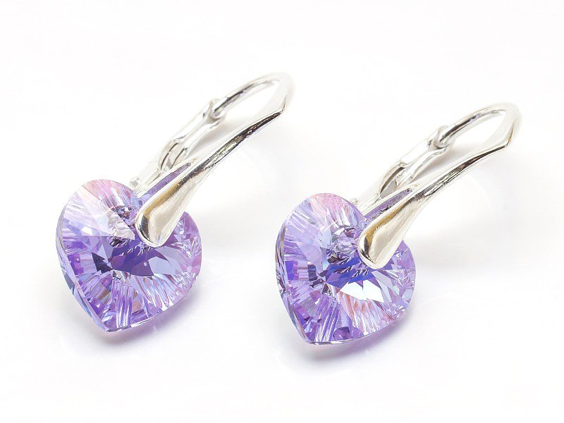Srebrne Kolczyki 925 Z Kryształami Swarovski Serca 10Mm Violet Ab