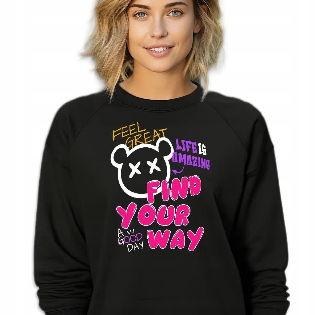 Czarna Bluza Damska Dresowa FIND YOUR WAY Stylowa Modna Wzory Rozmiar L