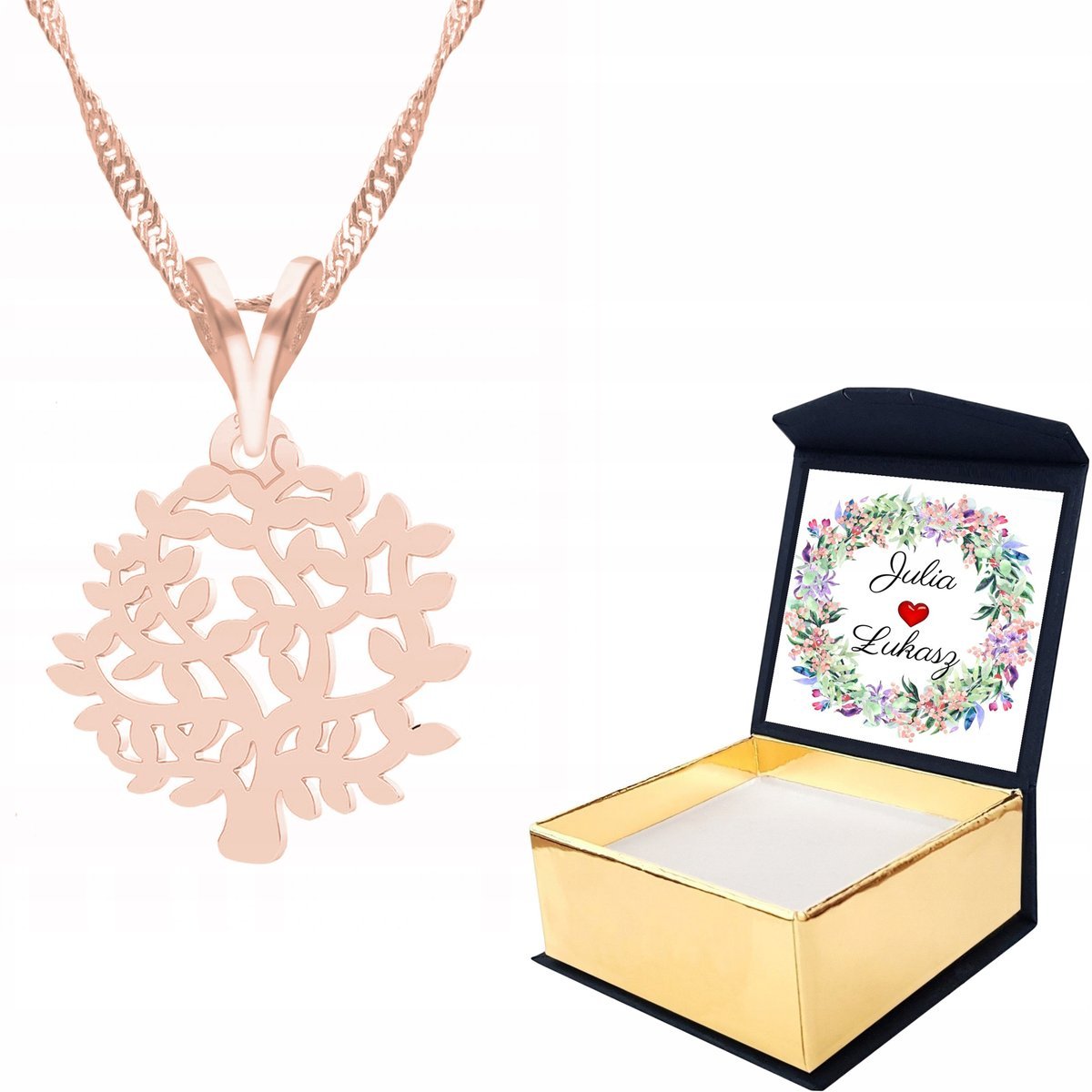 Naszyjnik różowe złoto Drzewo Ażur + WŁASNY NADRUK