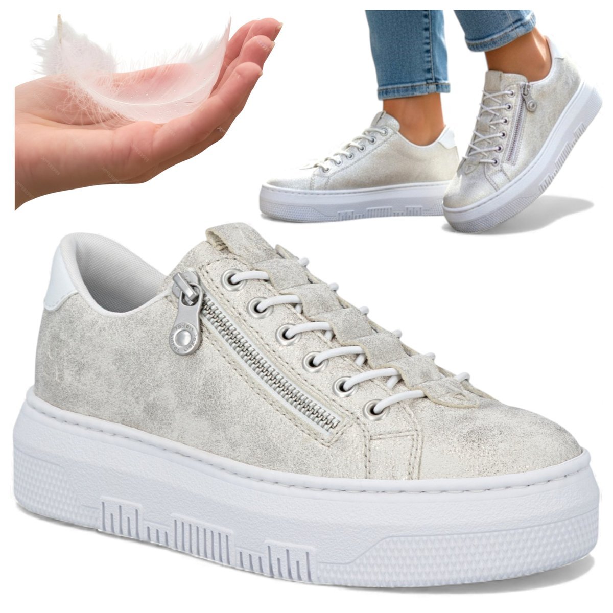 Półbuty Damskie RIEKER Sneakersy Eleganckie na Platformie Lekkie Złote 36