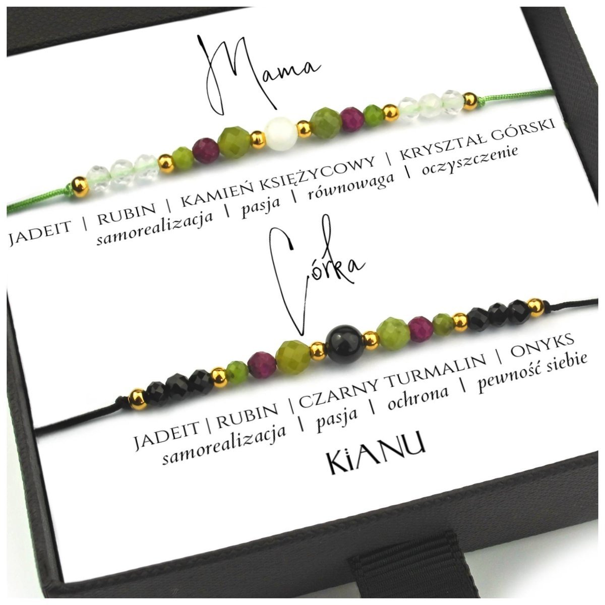 Zestaw Bransoletek z Kamieni Naturalnych RUBIN JADEIT Kamień Księżycowy Czarny Turmalin Kryształ Górski Onyks Srebro Złoto 24KPrezent na Dzień Mamy