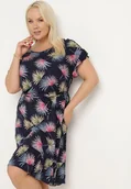 Sukienki - Granatowo-Różowa Bawełniana Sukienka z Florystycznym Motywem i Wiązaniem w Talii Rissani - miniaturka - grafika 1