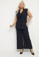 Komplety damskie - Granatowy Jedwabny Komplet Dwurzędowa Kamizelka i Szerokie Spodnie Silapia - miniaturka - grafika 1