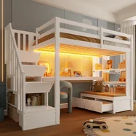Łóżka dla dzieci i młodzieży - Łóżko piętrowe 90 x 200 cm z biurkiem, 2 szufladami i półkami - MDF + sosna - diody LED - białe (materac nie jest wliczony w cenę) - miniaturka - grafika 1