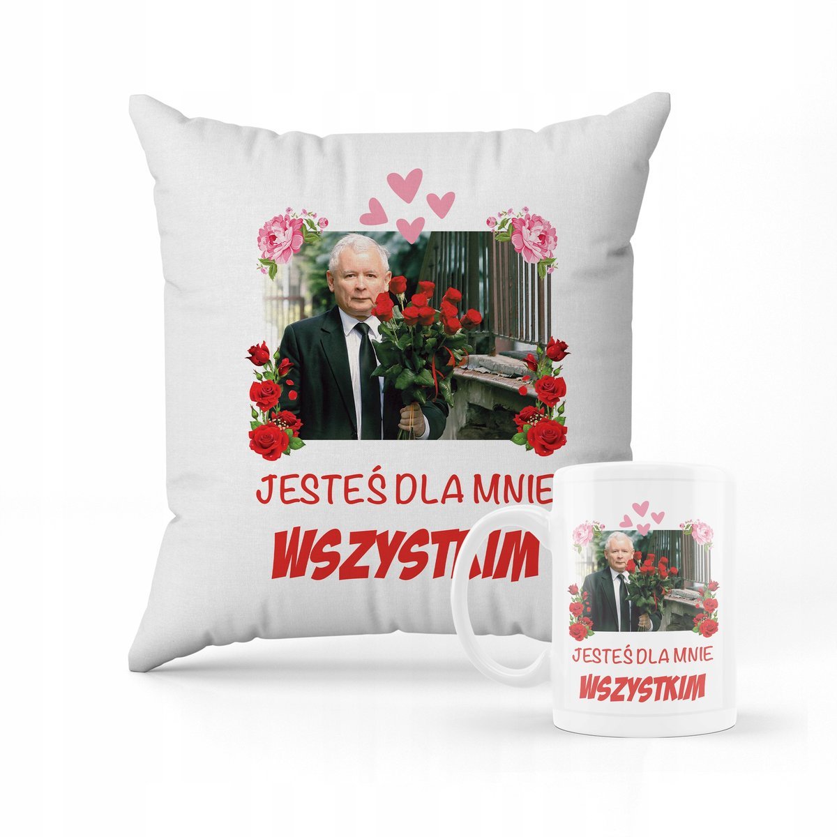 ZESTAW PODUSZKA + KUBEK Prezent Kaczyński PIS Prezes + IMIĘ