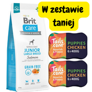 Sucha karma dla psów - BRIT CARE Dog Grain-free Junior Large Breed Salmon 12kg + Tails.com Puppy 65% mięsa 400g - miniaturka - grafika 1