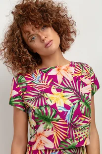 Top z wiskozy z krótkim rękawem T408, liście na fioletowym tle - Koszule damskie - miniaturka - grafika 1