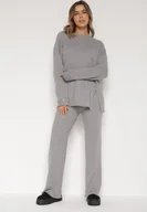 Komplety damskie - Ciemnoszary Komplet z Bawełną i Wełną Sweter z Guzikami i Proste Spodnie Reisadia - miniaturka - grafika 1