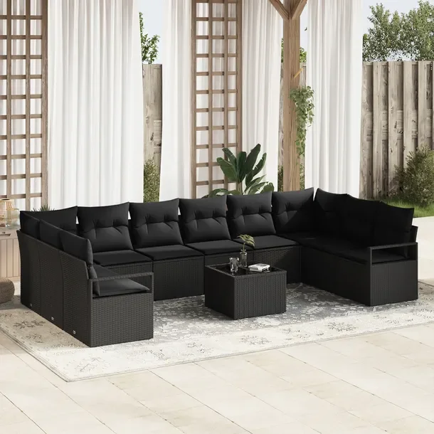 Zestaw Ogrodowy Sofa Sekcyjna Polirattan Czarny, 4 Moduły + Stół
