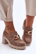 Półbuty damskie - Eleganckie Półbuty Na Słupku Ze Złotą Ozdobą Beżowe Lemar Harmell - Butosklep - miniaturka - grafika 1