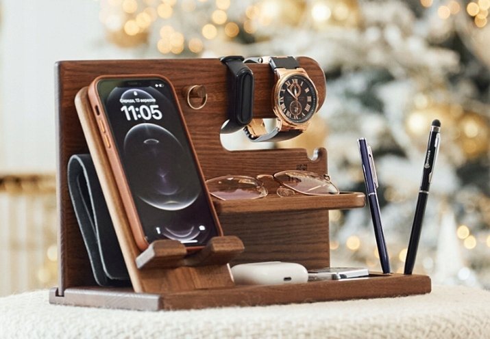 DREWNIANY STOJAK NA AKCESORIA PORTFEL TELEFON KLUCZE ZEGARKI ORGANIZER