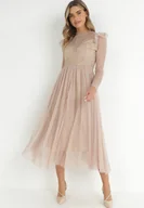 Sukienki - Beżowa Sukienka z Koronką i Tiulem Nemila - miniaturka - grafika 1