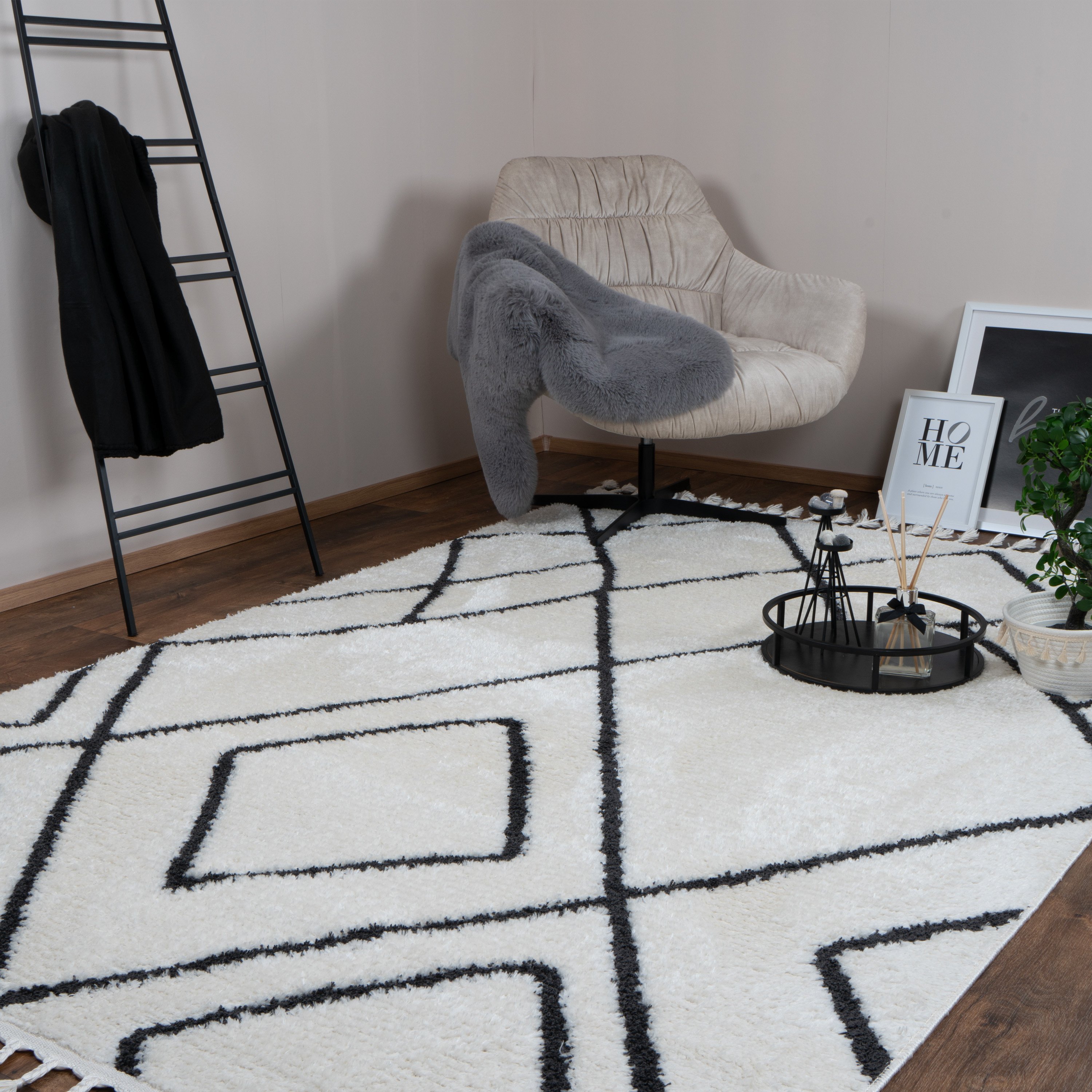 CONSILIO CONCEPT 160 x 230 Dywan do salonu kość słoniowa kremowy biały Berber krótkie runo z frędzlami Boho marokański Projektant Scandi