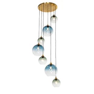 QAZQA Art Deco Lampa wisząca mosiężna z niebieskim szkłem okrągła 7-punktowa - Sandra - Lampy sufitowe - miniaturka - grafika 1