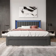 Łóżka - Łóżko tapicerowane Fortuna Lai 180x200cm z oświetleniem LED i wtyczką USB, podwójne łóżko z szufladami i stelażem listwowym, łóżko młodzieżowe funkcjonalne łóżko dla dorosłych wykonane z lnu, ciemnoszare - miniaturka - grafika 1