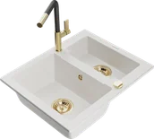 Zlewozmywaki z baterią - Mexen Carlos zlewozmywak granitowy 1,5-komorowy z baterią kuchenną Flora, biały - 6518-20-670401-57-G - miniaturka - grafika 1