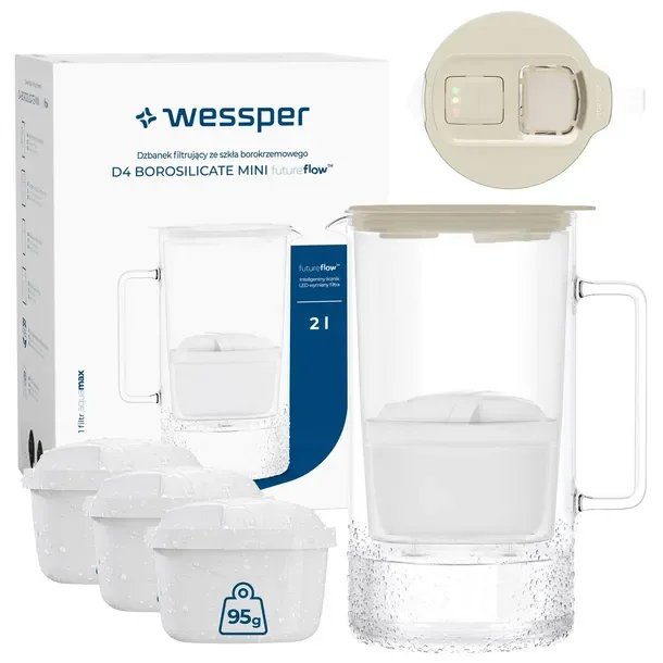 Dzbanek filtrujący szklany Wessper D4 BOROSILICATE MINI licznik + 4x filtr