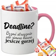 Kubki - Kubek Biały Różowe Ucho Wnętrze DEDLINE? BRZMI STRASZNIE + 8 Cukierków Wz - miniaturka - grafika 1