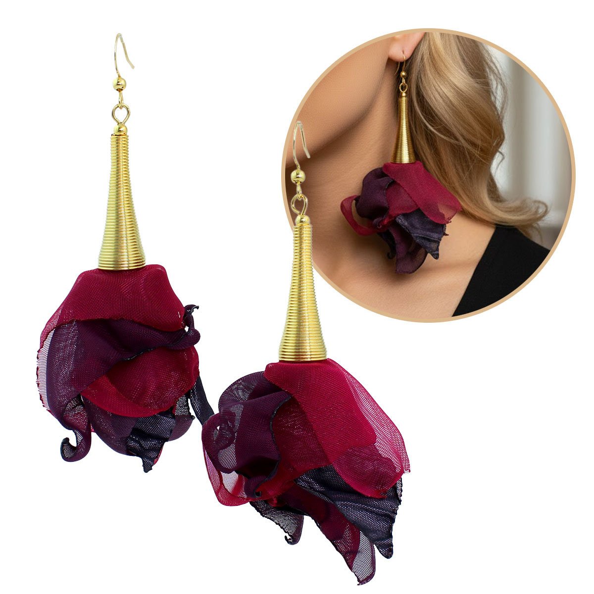 Kolczyki wiszące długie kwiaty malinowe z tkaniny lekkie złote boho