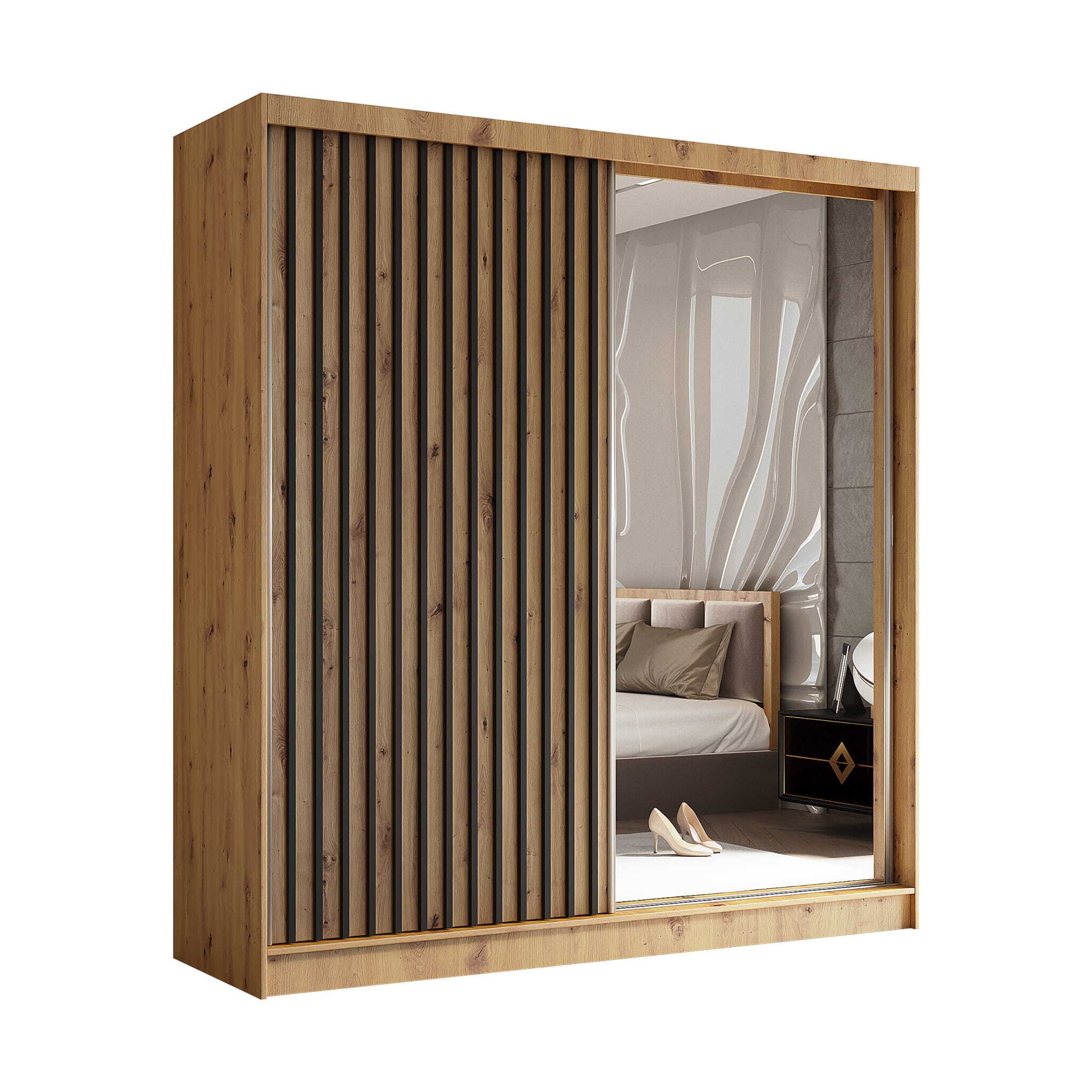 AGMAT Nevada szafa z drzwiami przesuwnymi, Szafa z lustrem i 2 drzwiami, Nowoczesna szafa w kolorze: Artisan, Szafa w rozmiarze: 200 x 216 x 61 cm