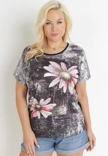 Czarna Bluzka Oversize z Metalicznym Nadrukiem w Kwiaty z Cyrkoniami Deqsa - Bluzki damskie - miniaturka - grafika 1