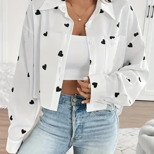 TEMU Damska bluzka z nadrukiem , krótka i długa - Elegancka koszula zapinana na guziki z wycięciami w kształcie , lekka letnia bluzka do noszenia na - Koszule damskie - miniaturka - grafika 1