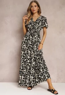 Sukienki - Czarna Długa Sukienka w Kwiaty z Gumką w Talii z Wiskozy Lydiza - grafika 1
