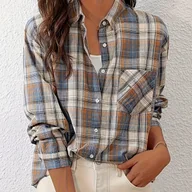 Koszule damskie - TEMU Koszula Damska Elegancka w Kratę - Klasyczna Koszulka z Guzikami w Beżowo-Brązowym Wzorze, Pranie Maszynowe, Do Biura i Na Co Dzień, Całoroczny - miniaturka - grafika 1