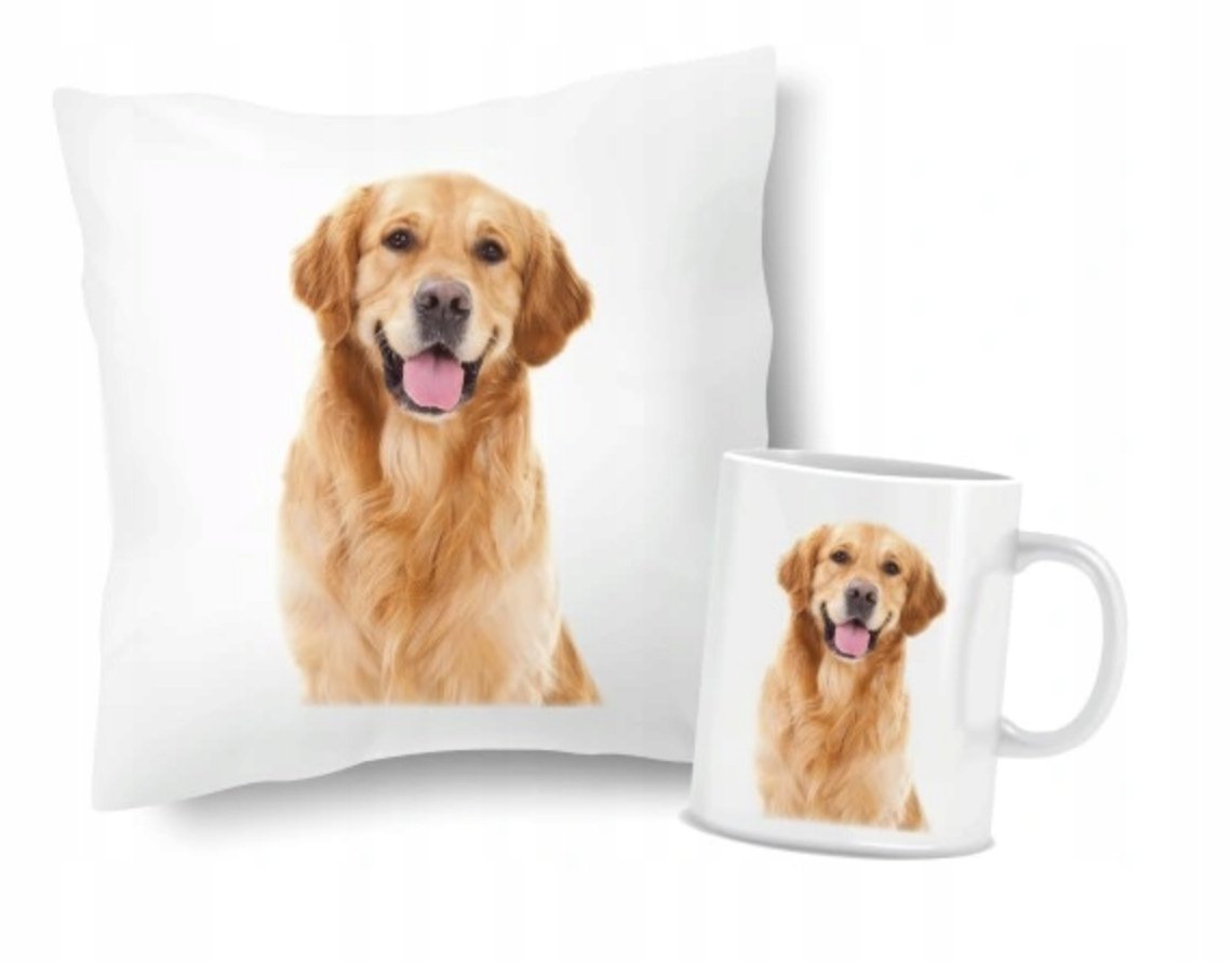 ZESTAW PODUSZKA + KUBEK Prezent PIES PIESEK GOLDEN RETRIVER + IMIĘ 18