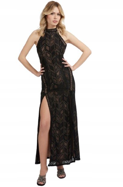 GUESS CZARNA SUKIENKA GORSETOWA DŁUGA Z GEOMETRYCZNYM WZOREM L 2CB