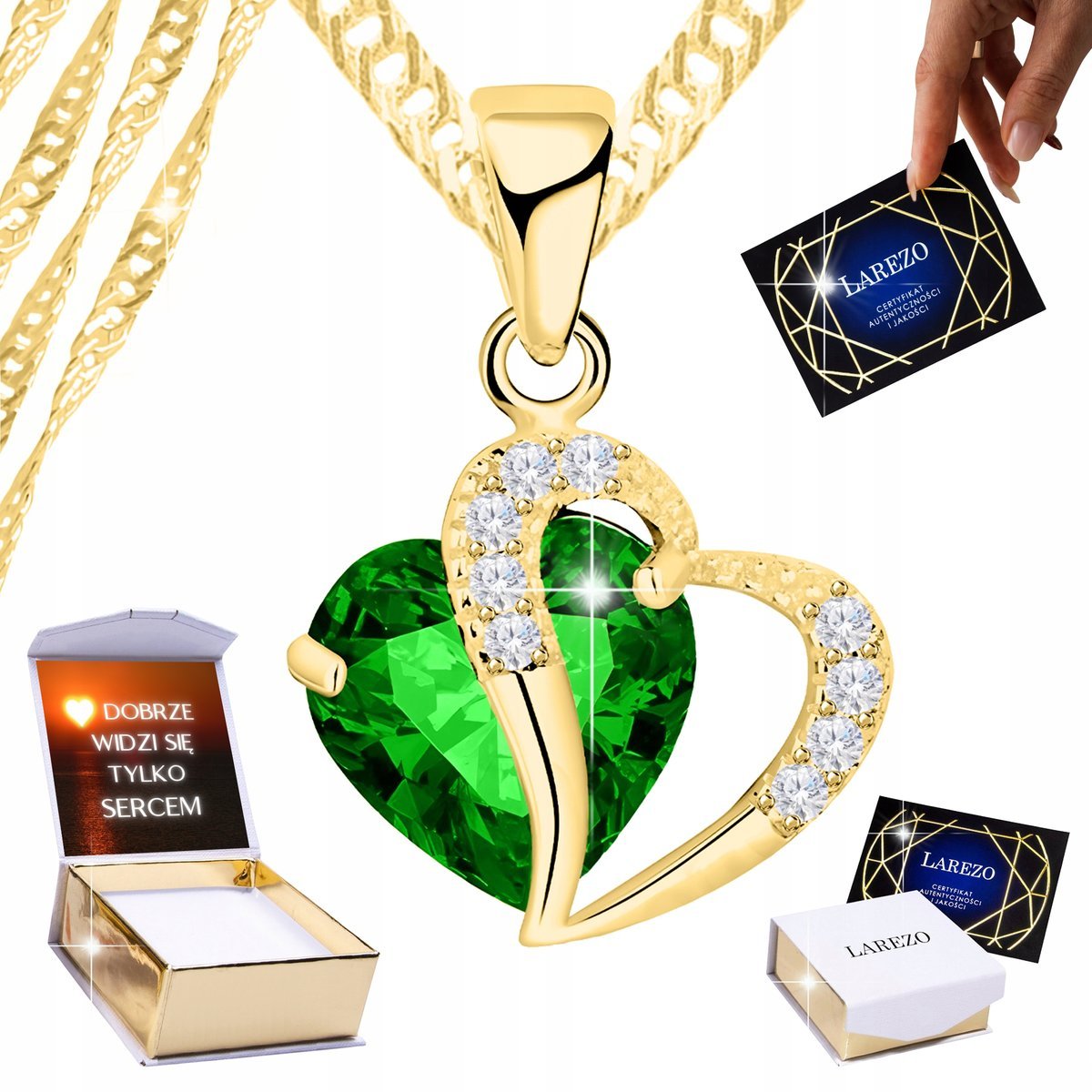 Złoty Naszyjnik 925 Kryształowe Serduszko Zielone Serce z Cyrkoniami NADRUK