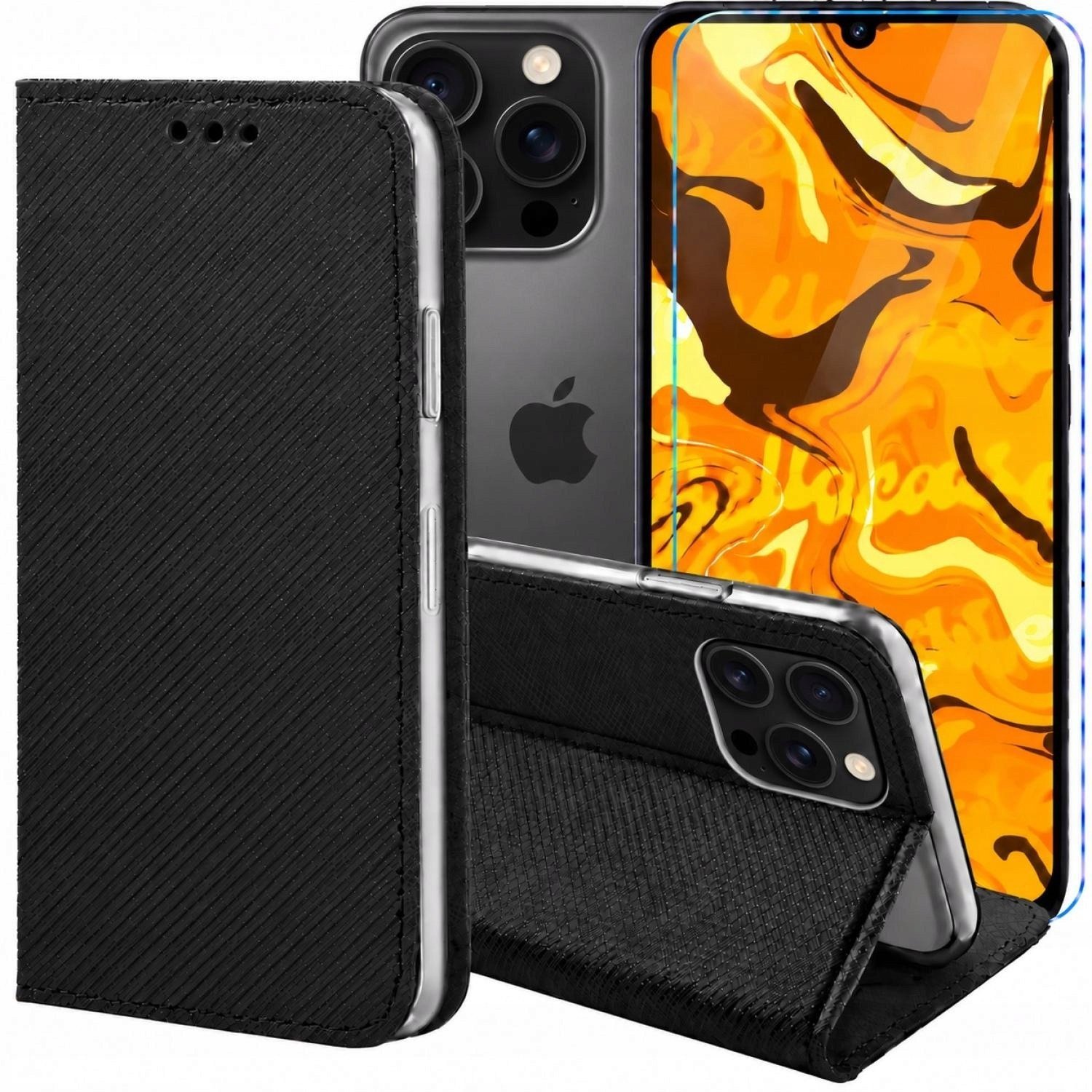 Hello Case Etui z Klapką Do Apple iPhone 16 Pro Czarne, Zamykane, Kabura Szkło