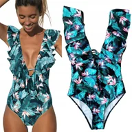 Stroje kąpielowe - JEDNOCZĘŚCIOWY STRÓJ KĄPIELOWY ODKRYTE PLECY SEXY DEKOLT FALBANKA BOHO L - miniaturka - grafika 1