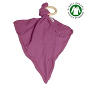 Gryzaki dla dzieci - Hi Little One - Przytulanka dou dou z gryzakiem z organicznej BIO bawełny GOTS cozy muslin with wood teether 2in1 Lavender - miniaturka - grafika 1