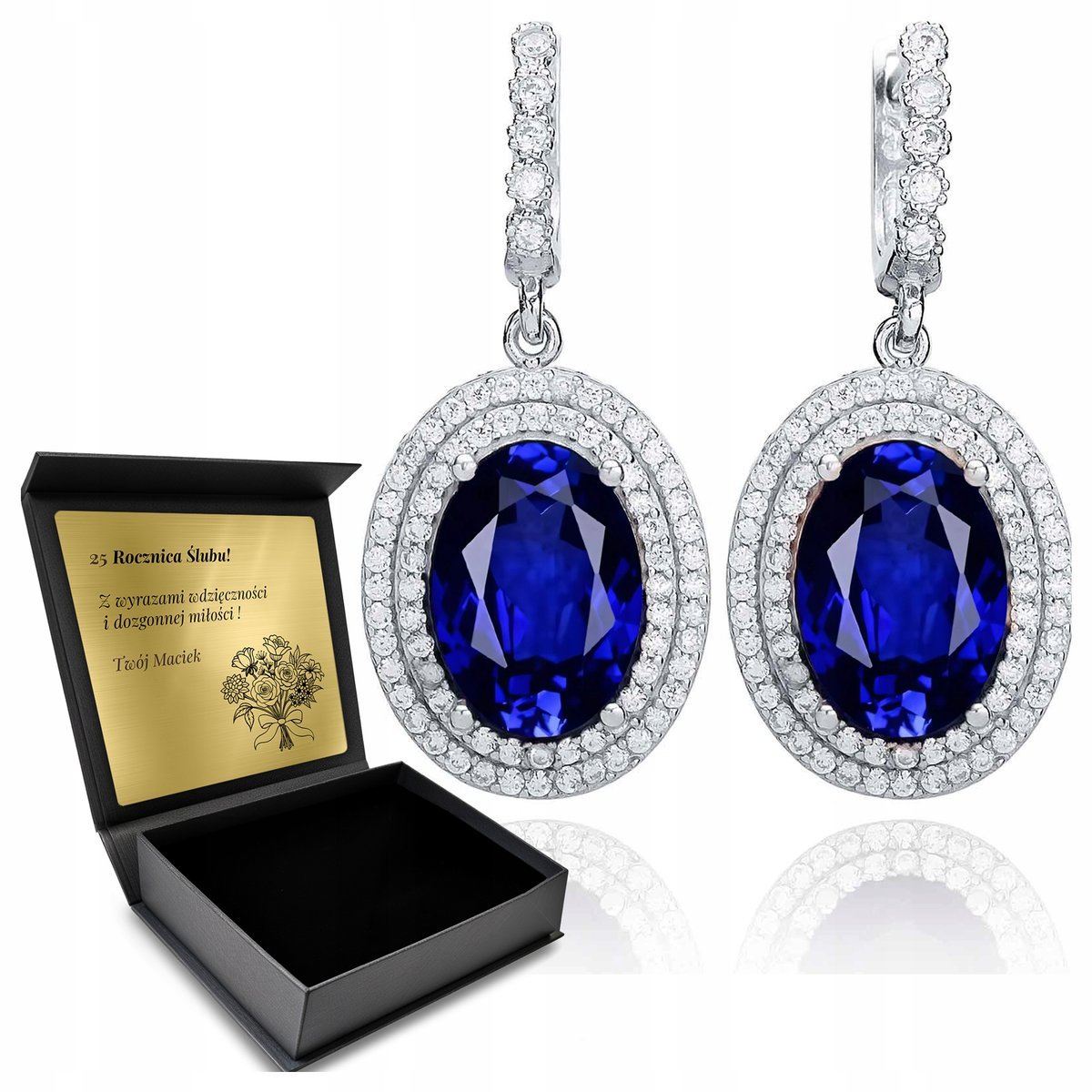 Kolczyki Srebrne 925 Cyrkonie I Szafir Biżuteria Dla Kobiety + Grawer