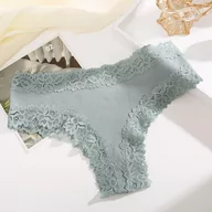 Majtki damskie - Figi z prążkowanego materiału z koronką - Niebieski S - miniaturka - grafika 1