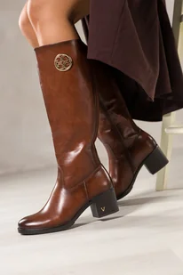 Brązowe kozaki damskie przed kolano na szerokim słupku z ozdobą elastyczna guma w cholewce złota ozdoba Casu CB342-7 - Kozaki damskie - miniaturka - grafika 1