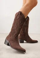 Botki damskie - Brązowe Botki Kowbojki na Stożku z Imitacji Zamszu z Ażurowymi Wstawkami Crela - miniaturka - grafika 1