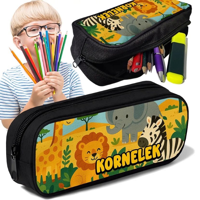 Piórnik TUBA + IMIĘ Zwierzęta Dżungli Safari Personalizowany Szkoła Prezent