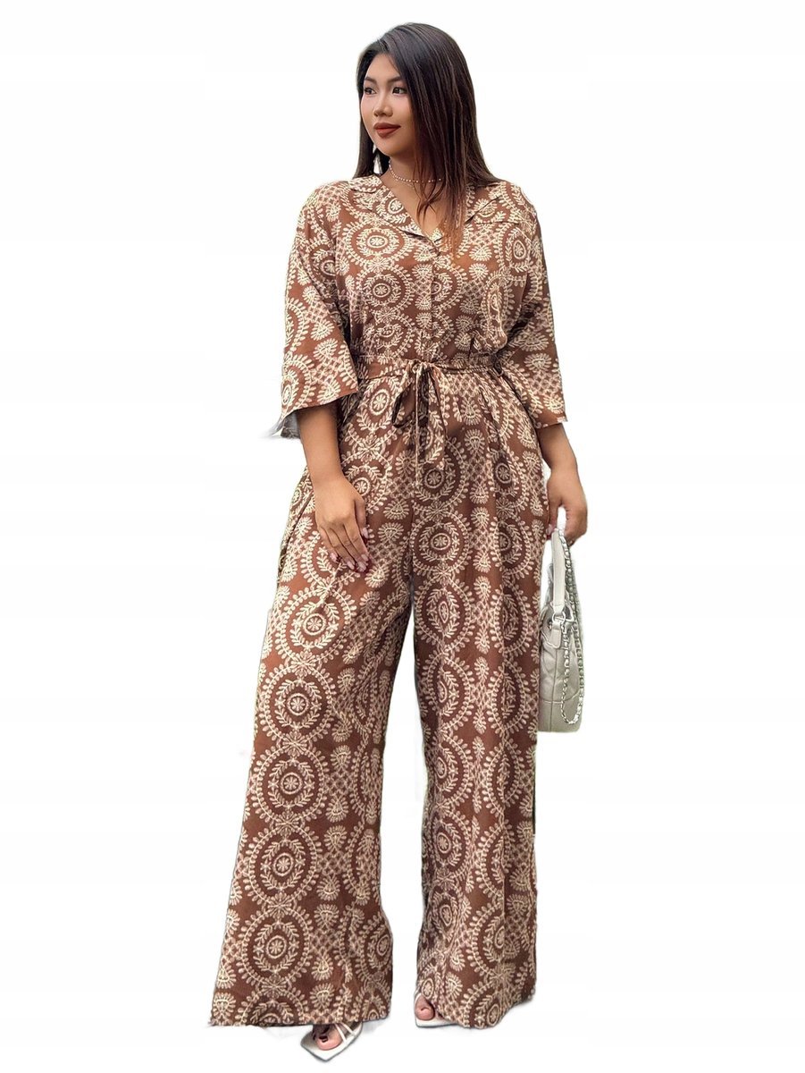 SHEIN PLUS SIZE KOMBINEZON BRĄZOWY WZORZYSTY Z DEKOLTEM KOKARDĄ 50 1LA