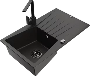 Mexen Cesar zlewozmywak granitowy 1-komorowy z ociekaczem i baterią kuchenną Rita, czarny/złoty metalik - 6514-75-670300-70-B - Zlewozmywaki z baterią - miniaturka - grafika 1