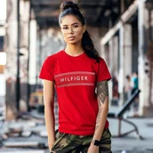 Koszulki i topy damskie - KOSZULKA DAMSKA czerwona Tommy Hilfiger, nowa kolekcja, red, M - miniaturka - grafika 1