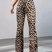 Inne - TEMU Damskie rozkloszowane spodnie z nadrukiem w panterkę, wykonane z casualowej dzianiny poliestrowej, na wiosnę//jesień. - miniaturka - grafika 1