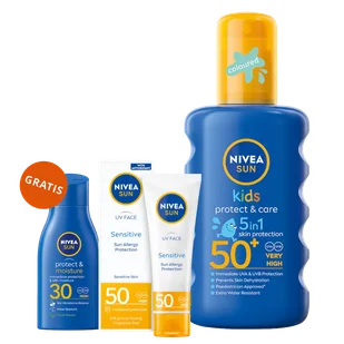 Zestaw Nivea Sun Kids Protect & Care, spray ochronny dla dzieci, SPF 50+, 200 ml + krem ochronny do twarzy, SPF 50, 50 ml + balsam do opalania, SPF 30, 30 ml gratis - Kremy dla dzieci - miniaturka - grafika 1