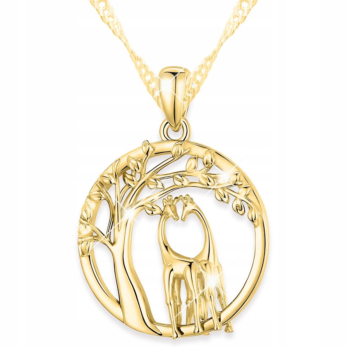 Złoty Naszyjnik Kółko Dwie Żyrafy Drzewo Drzewko Afryka Para SREBRO 925