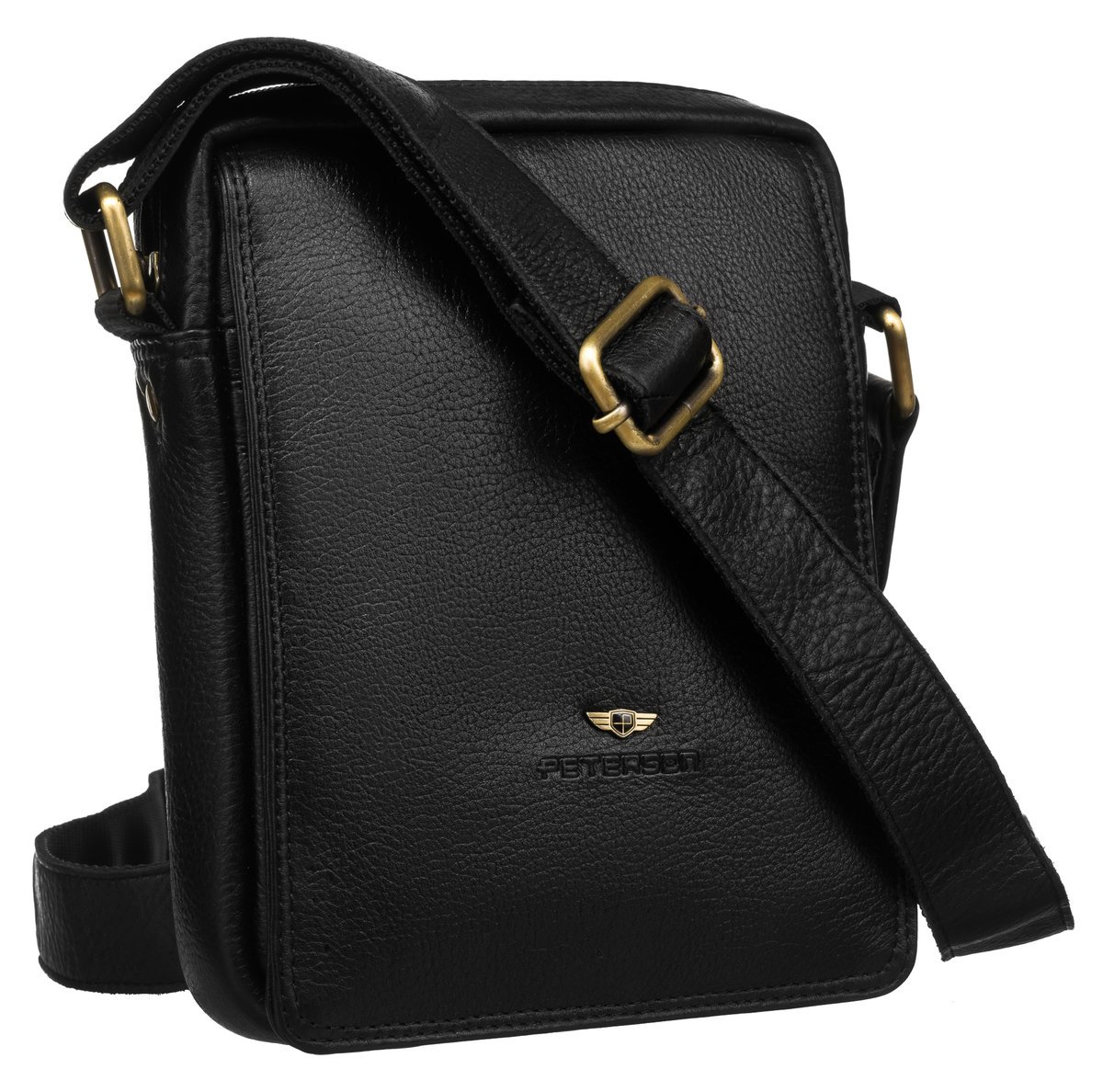 Torebka męska na ramię mała listonoszka ze skóry naturalnej PETERSON czarna miejska saszetka na suwak długi pasek przegródki na karty miejsce na dłu..