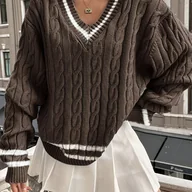 Swetry damskie - TEMU Elegancki Sweter z Dekoltem w Serek dla Kobiet - Brązowo-Biały Kolorowy Blok, Długi Rękaw na Jesień/Zimę, Biuro, Impreza, Codzienny Strój - - miniaturka - grafika 1