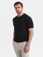 Swetry męskie - Bawełniana męska koszulka polo ze strukturalnej dzianiny czarna V5 OM-POSS-0117 - Ombre Clothing - miniaturka - grafika 1