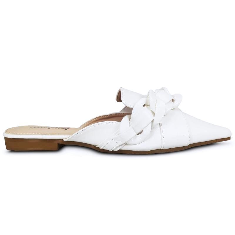 Klapki Damskie Z Łańcuchem Eleganckie Modne Stylowe Lekkie Na Płaskim Obcasie Wygodne Skórzane Na Lato Letnie Z Noskiem W Szpic Białe 37