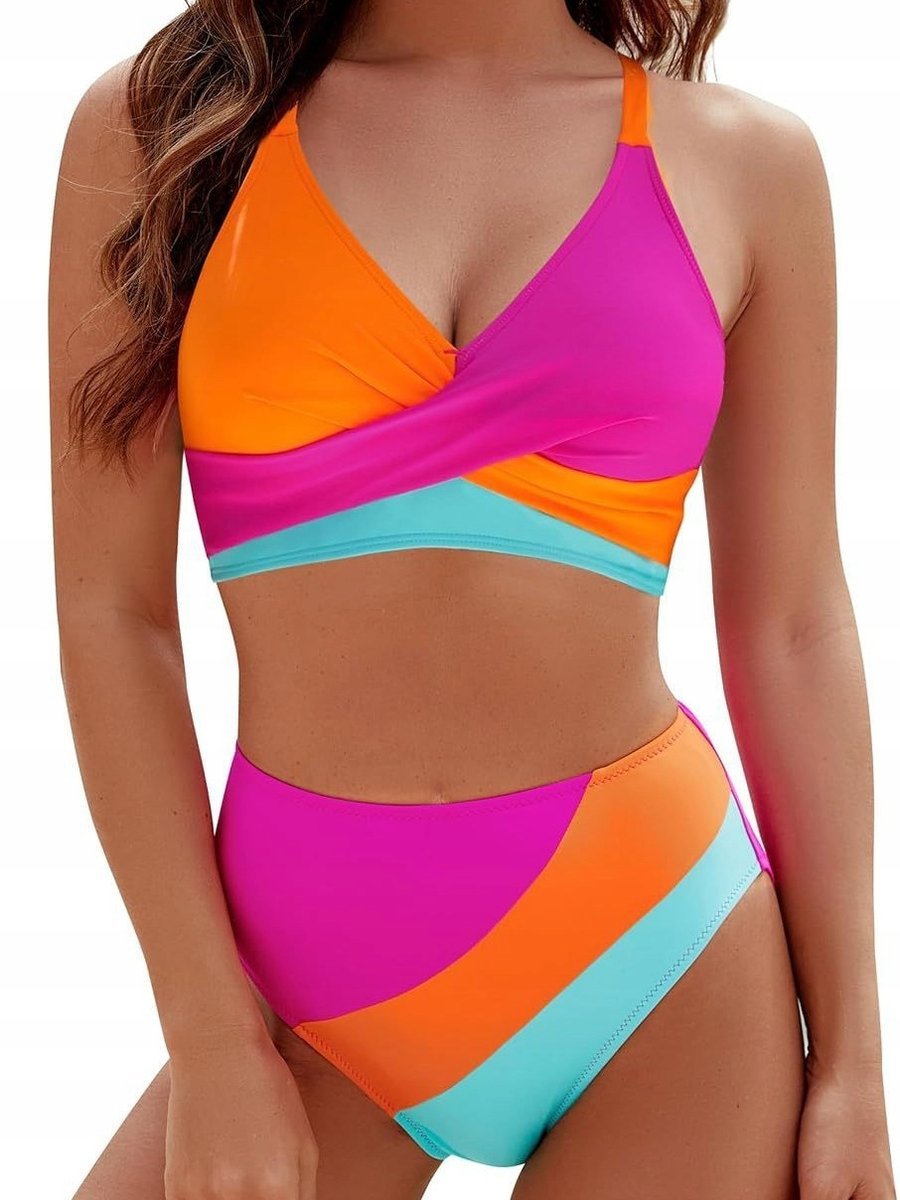 Modny Dwuczęściowy Strój Kąpielowy Tęczowy V-Neck Wysoki Stan Bikini S